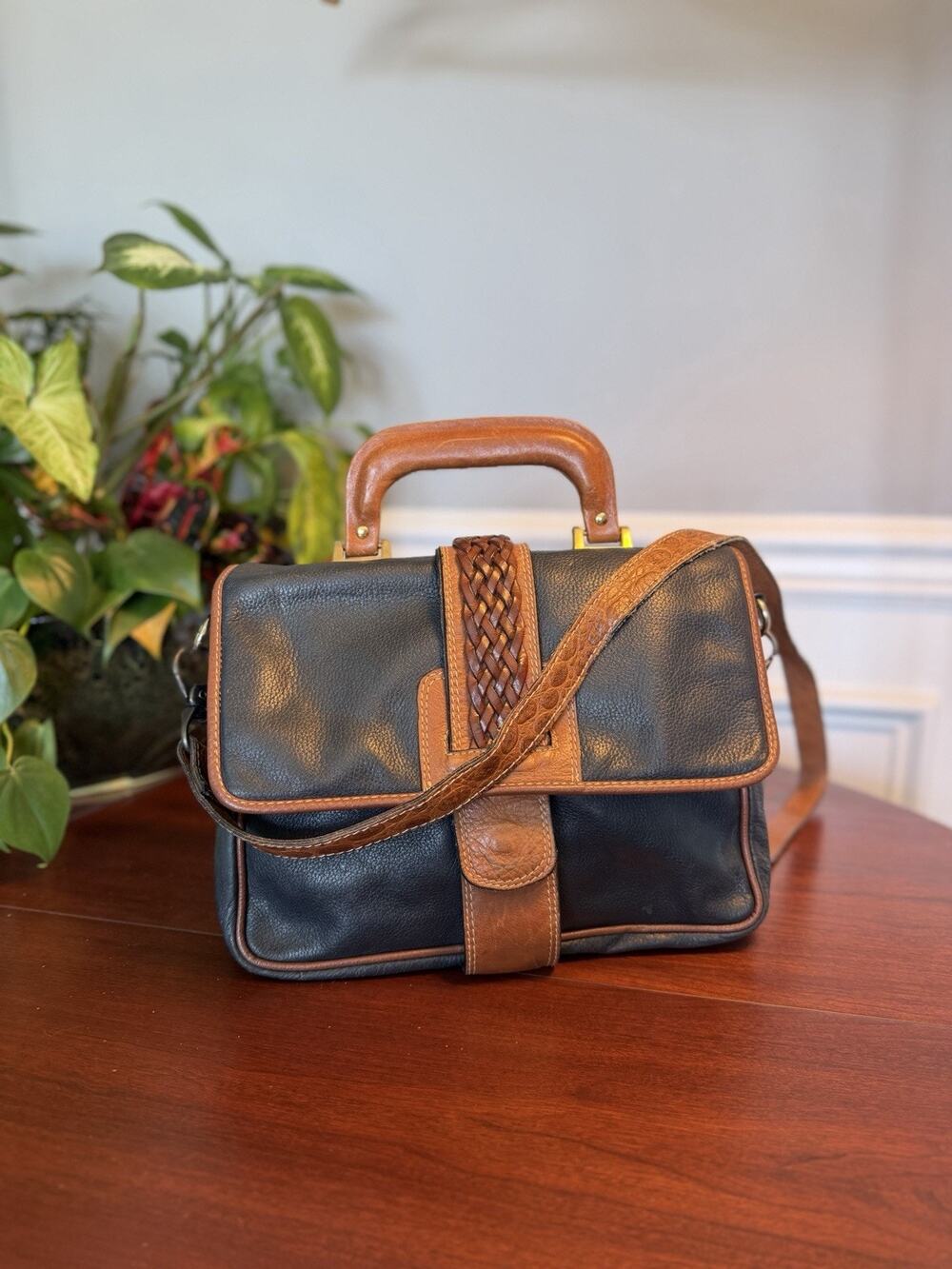 Vtg Charles Klein Leather Top Handle Crossbody bag Italy Structured Satchel 90s